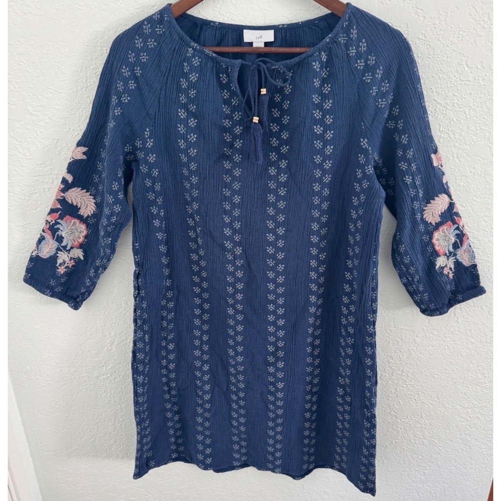 J. Jill Blue Gauze Embroidered Tunic Dress Boho Tassel Tie Resortwear Size Small